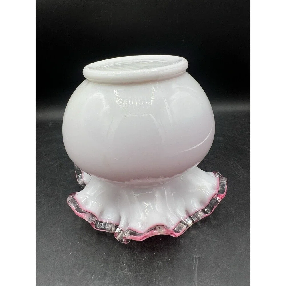 Vintage Fenton Peach Crest White Cased Rose Bowl Vase Pink Interior Ruffled Rim